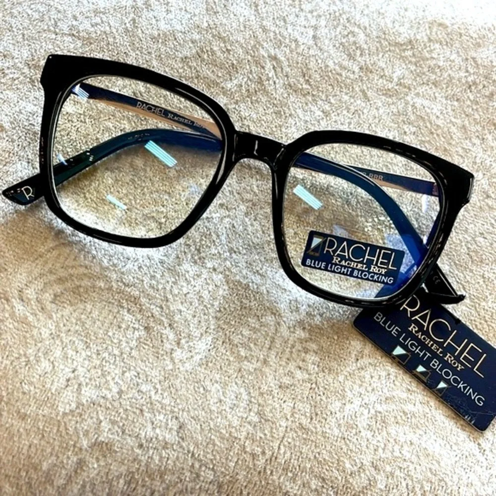 Brand New Rachel Roy Blue Light Blocking Round Glasses Black Frame Gold Tone Arm